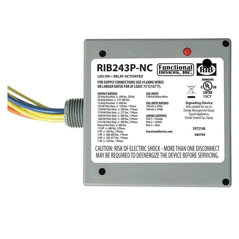 Hot Picks RIB RIB243P-NC Functional Devices Power Relay 20 Amp 3PST-N/C 24 VAC/DC Coil
